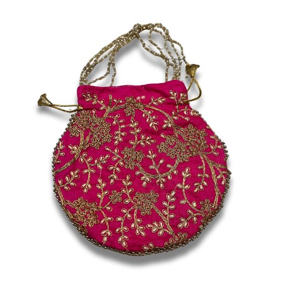 Indian Potli Handbag In Hot Pink With Gold Embroidery & Beaded Handle - Picture 2 of 4
